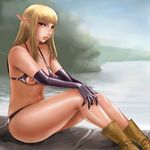  bikini blonde_hair blue_eyes boots breasts elbow_gloves elf gloves lips long_hair matoyama medium_breasts nippleless_clothes nipples original pointy_ears sitting solo swimsuit 