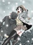  1girl arm_around_neck asphyxiation beanie bicycle black_hair chawanmushi from_behind ground_vehicle hat looking_at_viewer looking_back mittens multiple_riders original panties pillion riding scarf short_hair skirt skirt_lift snow standing strangling thighhighs underwear wind wind_lift 