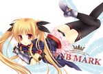  blonde_hair cape fate_testarossa fingerless_gloves gloves long_hair lying lyrical_nanoha mahou_shoujo_lyrical_nanoha red_eyes solo tatekawa_mako thighhighs twintails wnb_mark 