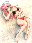  barefoot bikini feet green_eyes kemeko_deluxe long_hair lying mm_(kemeko_deluxe) pink_hair solo swimsuit ueyama_michirou 