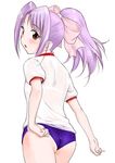  adjusting_buruma adjusting_clothes blush bow buruma gakkou_no_kaidan_(anime) gym_uniform hair_ribbon hechi koigakubo_momoko looking_back pink_bow ponytail purple_hair ribbon solo 