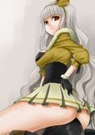  ass beyond_the_nobles breasts brown_eyes eyebrows_visible_through_hair gloves grey_background hairband hand_on_own_ass idolmaster idolmaster_(classic) idolmaster_1 long_hair looking_back microskirt no_panties open_mouth shaded_face shijou_takane sideboob silver_hair simple_background sitting sitting_on_face sitting_on_person skirt solo sugar_(sugarless) thick_thighs thighs very_long_hair 