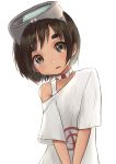  1girl bangs black_hair brown_eyes diving_mask diving_mask_on_head hands_together head_tilt highres kantai_collection kibitarou leaning_to_the_side looking_at_viewer maru-yu_(kantai_collection) parted_bangs school_swimsuit shirt short_hair simple_background solo swimsuit swimsuit_pull t-shirt upper_body white_background white_school_swimsuit white_shirt white_swimsuit 