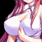  animated animated_gif bouncing_breasts breasts cleavage cleavage_cutout close-up gunner-l harukaze_yumari huge_breasts long_hair lowres non-web_source oppai_baka red_hair sleeveless solo very_long_hair 