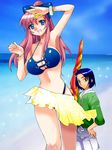  1girl athrun_zala beach beach_umbrella bikini blue_eyes blue_hair bow bracelet breasts day green_eyes gundam gundam_seed gundam_seed_destiny hair_bow hair_ornament jewelry large_breasts long_hair meer_campbell outdoors pink_hair sarong star star_hair_ornament swimsuit tooru_jin umbrella yellow_sarong 