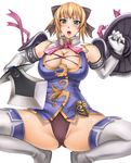  armor bare_shoulders blonde_hair blush boots breasts cassandra_alexandra cleavage cleavage_cutout covered_nipples elbow_gloves gloves green_eyes hair_ribbon large_breasts metadora necktie no_pants panties pink_neckwear ribbon shield simple_background solo soulcalibur soulcalibur_iv spread_legs sword thigh_boots thighhighs underwear weapon 