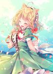  1girl :d animal_ear_fluff animal_ears back_bow blonde_hair blue_sky blurry blurry_background blush bow braid breasts center_frills cloud cloudy_sky commentary_request day depth_of_field dog_ears eyes_closed fang fingernails flower frills green_skirt hair_bow hand_up high-waist_skirt holding holding_flower medium_breasts nemuri_nemu open_mouth original outdoors puffy_short_sleeves puffy_sleeves red_bow ribbon-trimmed_skirt ribbon_trim shirt short_sleeves side_braid single_braid skirt sky smile solo white_bow white_shirt 