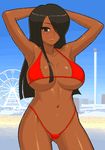  arms_behind_back beach bikini black_hair breasts brown_eyes copyright_request dark_skin day hair_over_one_eye large_breasts long_hair lowres outdoors sky smile solo swimsuit tenseiani water 