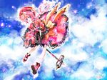  :o blush cloud cloudy_sky full_body graf_eisen hai_yoru long_hair looking_at_viewer lyrical_nanoha mahou_shoujo_lyrical_nanoha mahou_shoujo_lyrical_nanoha_a's parted_lips pink_hair rod short_hair sky solo staff standing vita 