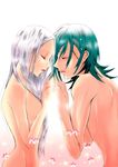 allelujah_haptism aqua_hair backlighting breasts closed_eyes crying from_side gundam gundam_00 holding_hands leaning_forward lips long_hair multiple_girls nude open_mouth profile rinko sideboob silver_hair simple_background small_breasts soma_peries tears upper_body white_background yuri 