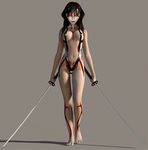  3d animated animated_gif barefoot bodypaint breasts covered_nipples dual_wielding feet holding katana large_breasts red_eyes slingshot_swimsuit solo stimuli swimsuit sword tattoo weapon 