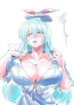  blue_hair blush breasts breath cleavage collarbone commentary_request eyebrows_visible_through_hair eyes_visible_through_hair green_eyes hat hot kamishirasawa_keine large_breasts long_hair looking_to_the_side open_mouth ribbon short_sleeves simple_background sweat touhou tsuki_wani upper_body very_long_hair white_background 