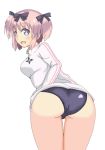  1girl ass blue_eyes blush bow breasts buruma from_behind hair_bow hibari_(senran_kagura) jacket large_breasts leaning leaning_forward looking_at_viewer looking_back masa open_mouth pink_hair senran_kagura shiny shiny_clothes shiny_hair short_hair short_twintails sideboob smile solo track_jacket twintails 