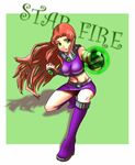  boots dc_comics gorget green_eyes long_hair midriff pencil_skirt red_hair skirt solo starfire teen_titans yokkora 