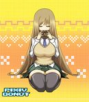  breasts brown_hair closed_eyes copyright_request doughnut eating food impossible_clothes impossible_shirt large_breasts long_hair necktie school_uniform shirt shuz_(dodidu) sitting skirt solo thighhighs very_long_hair wide_hips 