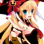  bad_id bad_pixiv_id blonde_hair blue_eyes blush breasts dress fang food_themed_hair_ornament hair_ornament hair_ribbon halloween hat jack-o'-lantern little_busters! long_hair medium_breasts necktie pointing pumpkin pumpkin_hair_ornament ribbon shirokitsune solo tokido_saya white_background 