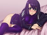  black_hair blush green_eyes kizaki_emi kurogane_no_linebarrel ldl long_hair lying no_panties shiny shiny_clothes solo thighhighs 