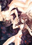  1girl bangs blunt_bangs brown_hair dress flat_chest highres holding_hands knees_touching long_hair looking_at_viewer lying naked_shirt navel nipples nude open_clothes open_dress open_shirt original parted_lips petals red_eyes ribbon rotational_symmetry shirt short_hair sumi_keiichi upside-down very_long_hair 