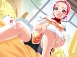  bandages bandaid bandaid_on_elbow bandaid_on_face bandaid_on_knee bed bike_shorts dutch_angle fang game_cg happy indoors mai_(popotan) pink_eyes pink_hair popotan short_hair sitting smile solo watanabe_akio window 