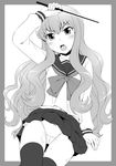  face greyscale ha-ru long_hair louise_francoise_le_blanc_de_la_valliere monochrome school_uniform serafuku skirt solo thighhighs wand zero_no_tsukaima 