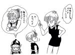  1girl 2boys breasts bulma cleavage clenched_teeth commentary_request dragon_ball dragon_ball_(classic) dragonball_z dress earrings hand_on_hip hat highres index_finger_raised jewelry lee_(dragon_garou) middle_finger monochrome mother_and_son multiple_boys neckerchief pilaf pointy_ears short_hair teeth thought_bubble translation_request trunks_(dragon_ball) 
