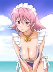  beach bikini breasts choker cleavage day hanging_breasts large_breasts leaning_forward maid maid_bikini maid_headdress ocean outdoors pink_hair purple_bikini ribbon_choker shakugan_no_shana solo swimsuit ueyama_michirou water wilhelmina_carmel yellow_neckwear 