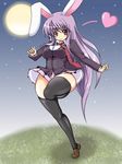  animal_ears black_legwear blazer blush breasts bunny_ears heart impossible_jacket jacket large_breasts legs long_hair long_legs moon necktie purple_hair red_eyes red_neckwear reisen_udongein_inaba running school_uniform shuz_(dodidu) skirt skirt_lift smile solo thick_thighs thighhighs thighs touhou very_long_hair wide_hips 