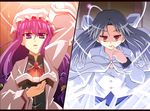  :o ascot bangs blunt_bangs book crossover frills hat holding holding_book long_hair long_sleeves looking_at_viewer melty_blood mob_cap multiple_girls parted_lips patchouli_knowledge red_eyes shin'ya_(nanp) silver_hair split_screen touhou tsukihime type-moon upper_body very_long_hair white_len 