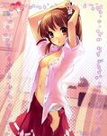  :o absurdres adjusting_hair arms_up breasts brown_hair charamel curtains flower flyable_heart hair_ornament hairpin heart highres inaba_yui itou_noiji medium_breasts midriff navel no_bra official_art open_clothes open_mouth open_shirt open_skirt panties pink_eyes pleated_skirt scan school_uniform shirt short_hair skirt skirt_pull solo standing unbuttoned underwear unzipped white_panties window zipper 