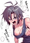  1girl angry bare_shoulders bike_shorts black_hair breast_slip breasts clenched_hand collarbone commentary_request eyebrows_visible_through_hair grey_eyes heavy_breathing idolmaster kikuchi_makoto looking_at_viewer medium_breasts nipple_slip nipples no_bra one_breast_out open_mouth short_hair solo sweat tank_top translation_request tsuki_wani upper_body 