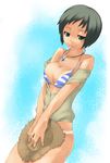  :p bikini bikini_tan black_hair bottomless breast_squeeze breasts cleavage copyright_request covering covering_crotch green_eyes hat jewelry large_breasts napori necklace solo star straw_hat striped swimsuit tan tanline tongue tongue_out v_arms 