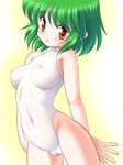  blush breasts copyright_request green_hair medium_breasts nipples one-piece_swimsuit open_mouth orange_eyes see-through short_hair solo swimsuit tanuki_yousuke white_swimsuit 