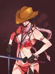  aya_(oneechanbara) bikini brown_hair cowboy_hat dual_wielding g-room_honten gloves hat holding jewelry katana long_hair necklace oneechanbara red_eyes solo swimsuit sword weapon western 