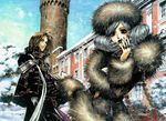  1girl antonio_borgia blue_sky brown_hair building coat cowboy_shot day formal fur_hat fur_trim hat helga_von_vogelweide long_sleeves looking_at_viewer official_art outdoors red_eyes scan shibamoto_thores silver_hair sky snow standing suit tower trinity_blood winter_clothes 