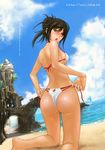  ass back barefoot beach bikini black_hair blush brown_eyes cloud copyright_request day food fruit kneeling lokman_lam outdoors solo strawberry swimsuit water 