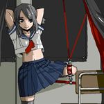  arms_behind_head arms_up bdsm black_hair bondage bound chair chiisan copyright_request grey_eyes lowres midriff navel pleated_skirt school_uniform serafuku short_sleeves skirt smile solo standing standing_on_one_leg thighhighs twintails 