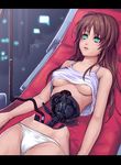  android aqua_eyes bad_id bad_pixiv_id breasts brown_hair cable camisole empty_eyes lying medium_breasts no_midriff original panties parts_exposed shirt_lift solo spine underboob underwear yuuji_(and) 