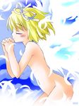  blonde_hair closed_eyes copyright_request feathers hair_ribbon hands_clasped noto_(soranoto) nude own_hands_together ribbon short_hair solo 