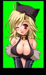  ahoge blonde_hair breasts choker cleavage detached_sleeves deviruchi_hat fur-trimmed_sleeves fur_trim hakoiri_nyanko hat highres large_breasts long_hair one_eye_closed ragnarok_online red_eyes smile solo stalker 