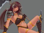  alva breasts brown_hair cleavage copyright_request demon_girl horns large_breasts midriff scythe skull solo succubus wings 