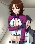  1girl belt blood blush breasts brown_eyes brown_hair celestial_being_uniform cleavage curvy gloves gundam gundam_00 hdkg ian_vashti jacket large_breasts nosebleed short_hair sumeragi_lee_noriega 