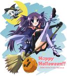  2girls artist_name black_panties broom broom_riding cat dual_persona halloween happy_halloween hizuki_yayoi jack-o'-lantern little_busters! multiple_girls noumi_kudryavka panties pantyshot pumpkin sasasegawa_sasami sasasegawa_sasami_(cat) sidesaddle thighhighs underwear watermark web_address witch 