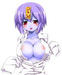  areolae blue_skin blush breasts cleavage copyright_request grune jiangshi large_breasts looking_at_viewer ofuda open_clothes open_shirt oversized_clothes red_eyes shirt short_hair simple_background sleeves_past_wrists solo upper_body white_background 