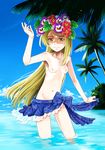  armpits bangs blonde_hair blue_sarong bow breasts cloud copyright_request cowboy_shot day flower futou_ryouko green_eyes groin hair_flower hair_ornament half-closed_eyes hand_up leaf light_smile long_hair looking_at_viewer lowleg navel nipples ocean outdoors palm_tree parted_bangs print_sarong sarong see-through shaded_face skinny sky small_breasts smile solo standing swept_bangs topless tree very_long_hair wading water 