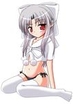  artist_request blush long_hair melty_blood no_pants panties pointy_ears red_eyes side-tie_panties silver_hair solo thighhighs tsukihime underwear white_len 