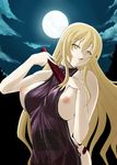  bad_id bad_pixiv_id blonde_hair breasts breasts_outside closed_fan cloud fan folding_fan huge_breasts kojou long_hair moon nipples solo touhou yakumo_yukari yellow_eyes 