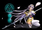  armor blood japanese_clothes long_hair naginata petals polearm purple_eyes purple_hair rance_(series) sengoku_rance senhime solo spear takatan thighhighs tiara very_long_hair weapon 