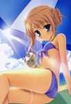  beach bikini blonde_hair day homemaid lotion mitsumine_kaede outdoors solo sunscreen swimsuit tanihara_natsuki umbrella 