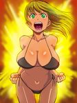  angry bad_id bad_pixiv_id bikini blonde_hair breasts cleavage clenched_hands frown green_eyes kuruma_hajime large_breasts long_hair open_mouth original solo swimsuit tan 