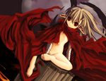  barefoot brown_hair cape censored fang feet hitomaru horns long_hair naked_cape nude original pointy_ears red_eyes sitting solo 